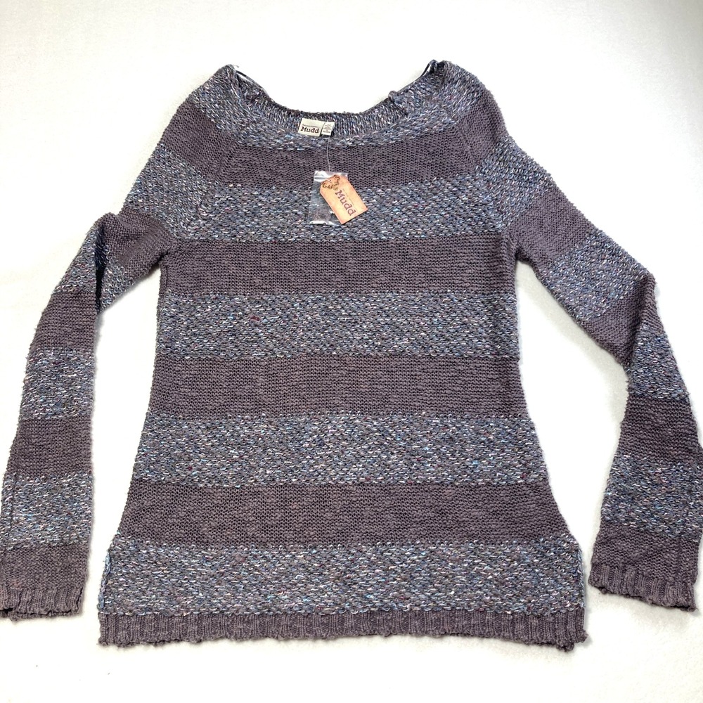 NWT MUDD Women's Pullover Sweater Size Med Knitted Striped Grey Purple Yarn